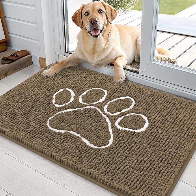 OLANLY Door Mat for Muddy Dog Paws 36x24, Ultra Absorbent Chenille Mud Doormat with Paw Print Design, Non-Slip Washable Doormat for Indoor Entryway, Quick-Dry Pet Bed Mats for Dirty Dogs, Tan