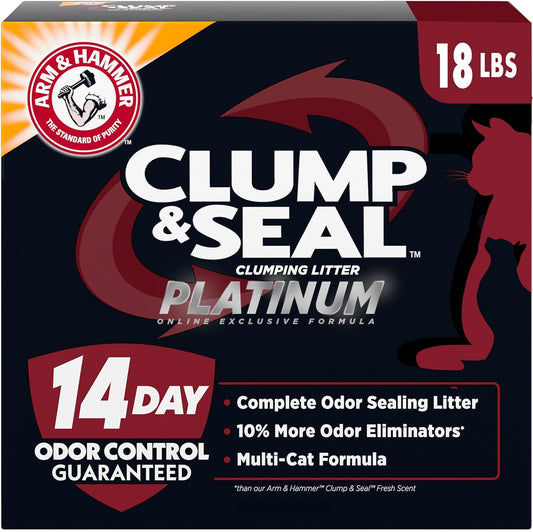 ARM & HAMMER Clump & Seal Platinum Cat Litter, Multi-Cat, 14-Day Odor Control, Rock-Hard Clumps, 18 lbs – Powerful Odor Eliminator with Baking Soda