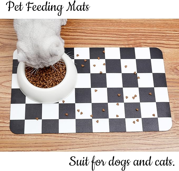 Ralxion Checkered Dog Feeding Mat, Absorbent Mats for Dog Food and Water Bowl, Dispenser, Feeder, Retro Aesthetic Black Checkerboard Pet Placemat for Dogs, Cats, Puppy Accessories, 16" X 24”