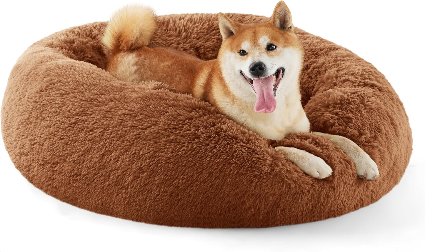 Bedsure Calming Dog Bed for Medium Dogs - Donut Washable Medium Pet Bed, 30 inches Anti-Slip Round Fluffy Plush Faux Fur Cat Bed, Fits up to 45 lbs Pets, Copper
