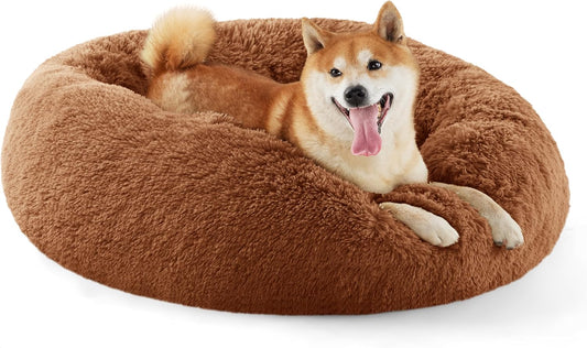Bedsure Calming Dog Bed for Medium Dogs - Donut Washable Medium Pet Bed, 30 inches Anti-Slip Round Fluffy Plush Faux Fur Cat Bed, Fits up to 45 lbs Pets, Copper