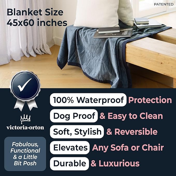 Waterproof Dog Blanket for Bed – 45x60 Inch Throw Size – Pet Hair Resistant Blanket for Small to Large Dogs – Washable, Leakproof, Reversible Bedspread for Bed Protection – Blue/White