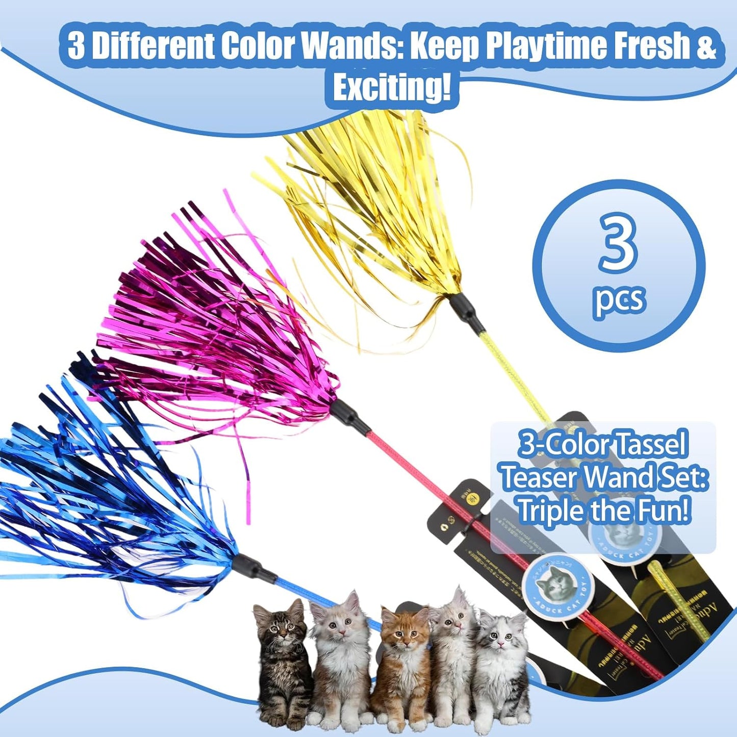 ADUCK Interactive Cat Teaser Wand Toy with Tassels - Durable Cat Chaser for Indoor Kitten Exercise, Boredom Relief & Training Play, Pack of 3 (Gold, Blue, Pink)