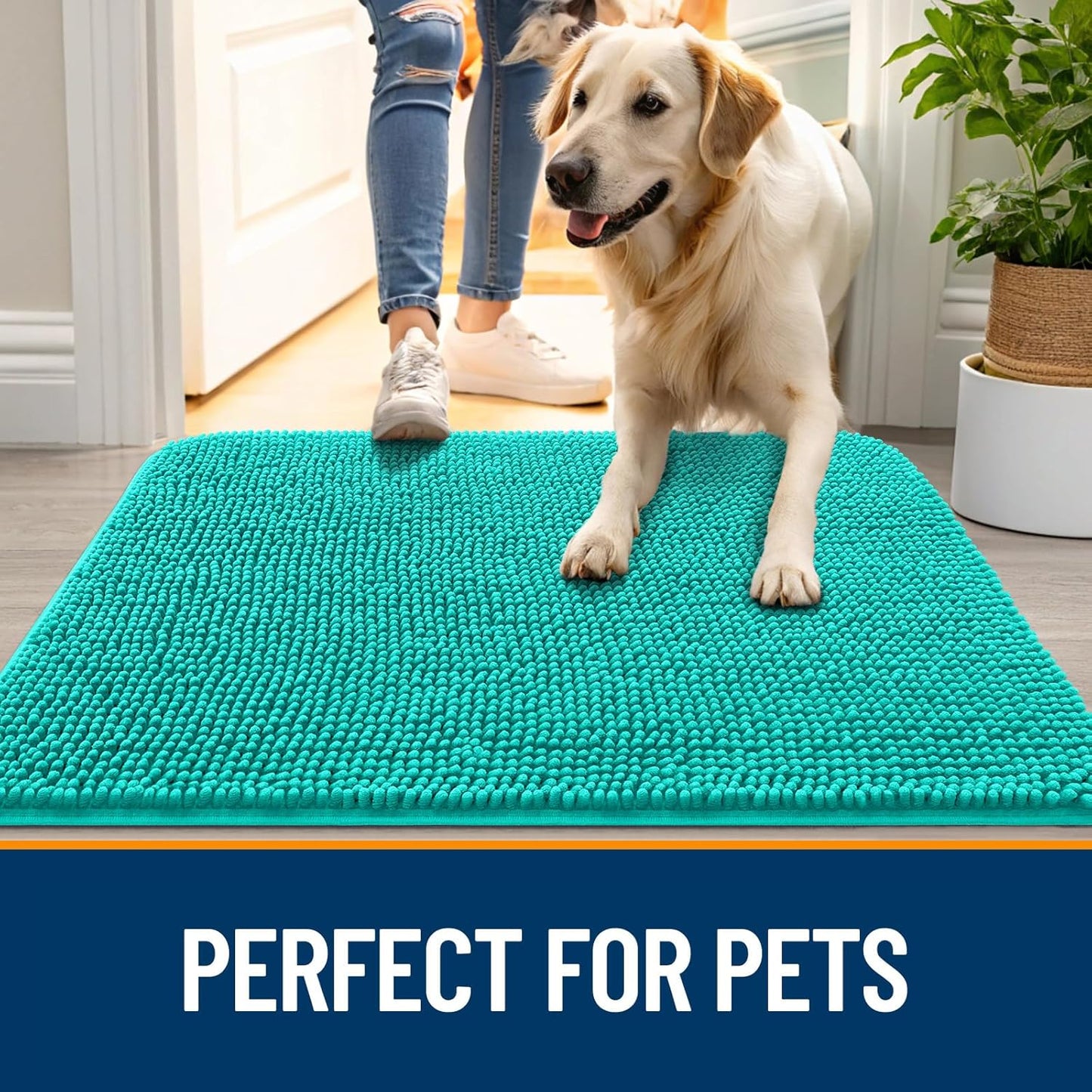 OLANLY Dog Door Mat for Muddy Paws 47x24, Absorbs Moisture and Dirt, Absorbent Non-Slip Washable Doormat, Quick Dry Chenille Mud Mat for Dogs, Entry Indoor Entryway Carpet for Inside Floor, Teal