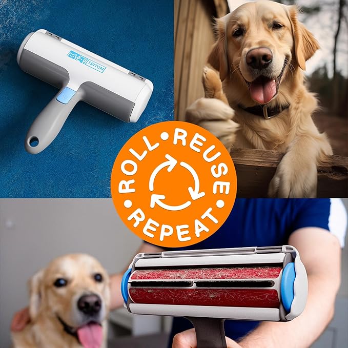 Triton Pet Hair Removal Tool w/Fur Trapping Compartment and Detachable Handle, 60% Smaller Storage Size, Reusable Shedding Roller, Cat and Dog Hair Remover for Car, Furniture, Carpet (Gray/White)