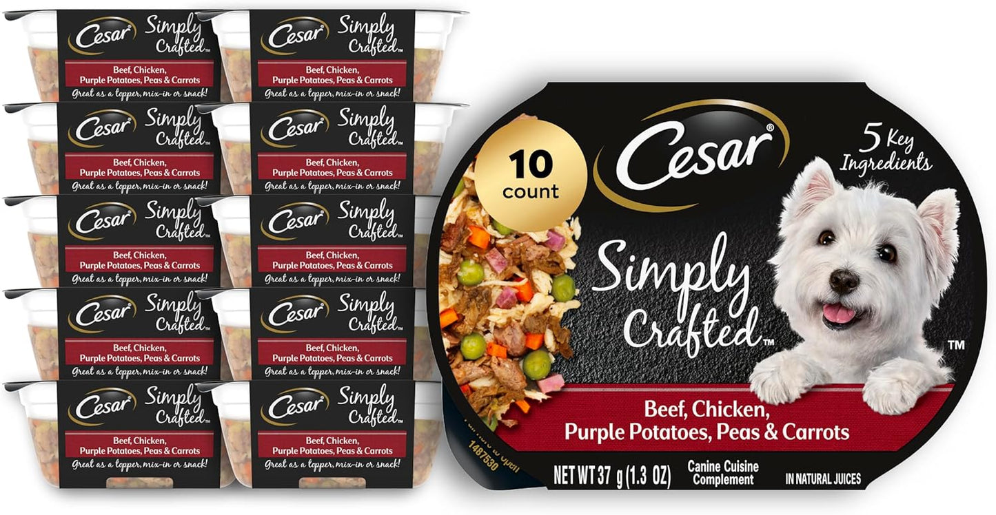 Cesar Simply Crafted Adult Wet Dog Food Meal Topper, Beef, Chicken, Purple Potatoes, Peas & Carrots, 1.3oz. (10 Count, Pack of 1)