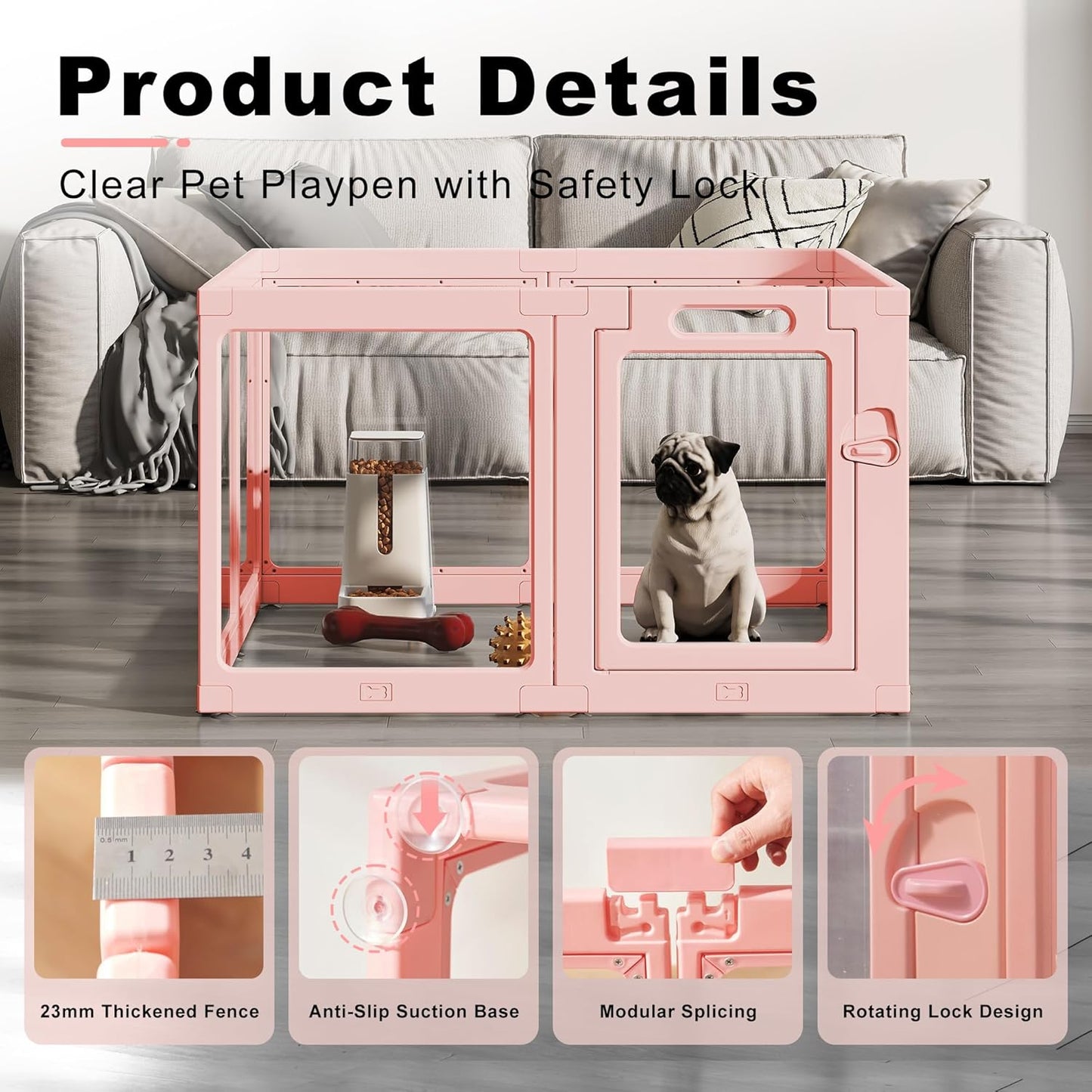 Clear Acrylic Dog Playpen Indoor, Puppy Cat Small Pet Play Pen, Pet Cat Foldable Playpen for Rabbits, Dog Fence Crate Kennel Whelping Cage (Pink, 8 Panel)