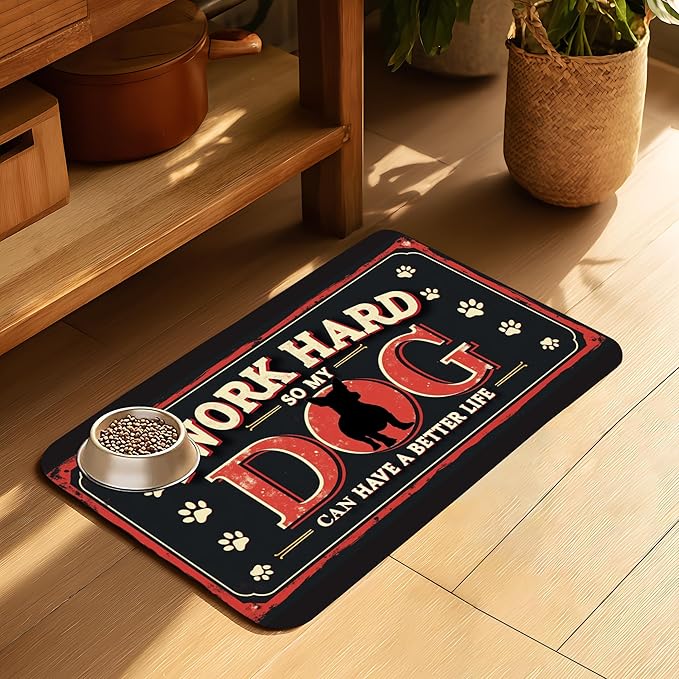 Work Hard Dog Pet Feeding Mat for Floors-Absorbent Dog Bowl Mat for Food and Water, Quick Dry Pet Cat Feeding Mats with Non Slip Bottom, Mess-Free Dog Accessories 12"x20"