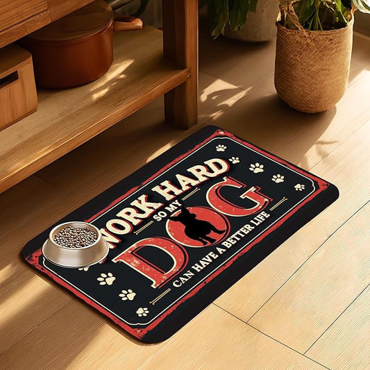Work Hard Dog Pet Feeding Mat for Floors-Absorbent Dog Bowl Mat for Food and Water, Quick Dry Pet Cat Feeding Mats with Non Slip Bottom, Mess-Free Dog Accessories 12"x20"