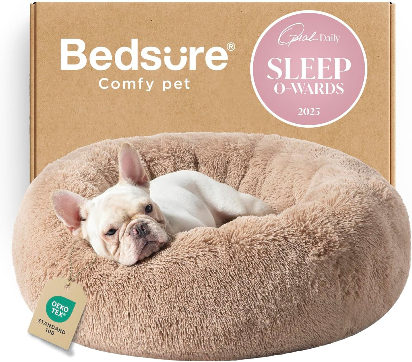 Bedsure Calming Dog Bed Medium Size Dog - Donut Washable Medium Pet Bed, 30 inches Anti-Slip Round Fluffy Plush Faux Fur Cat Bed, Fits up to 45 lbs Pets, Camel