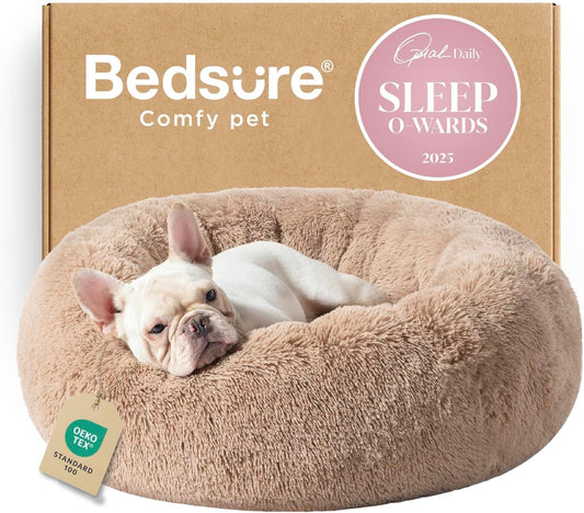 Bedsure Calming Dog Bed Medium Size Dog - Donut Washable Medium Pet Bed, 30 inches Anti-Slip Round Fluffy Plush Faux Fur Cat Bed, Fits up to 45 lbs Pets, Camel