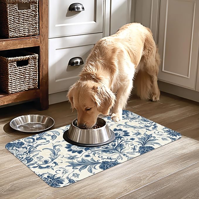 Vintage Floral Paisley Dog Food Mat-Absorbent Pet Feeding Mat for Food and Water Bowl, Quick Dry Dog Placemat with Rubber Backing-No Stains Pet Supplies for Messy Drinkers 16"x24"