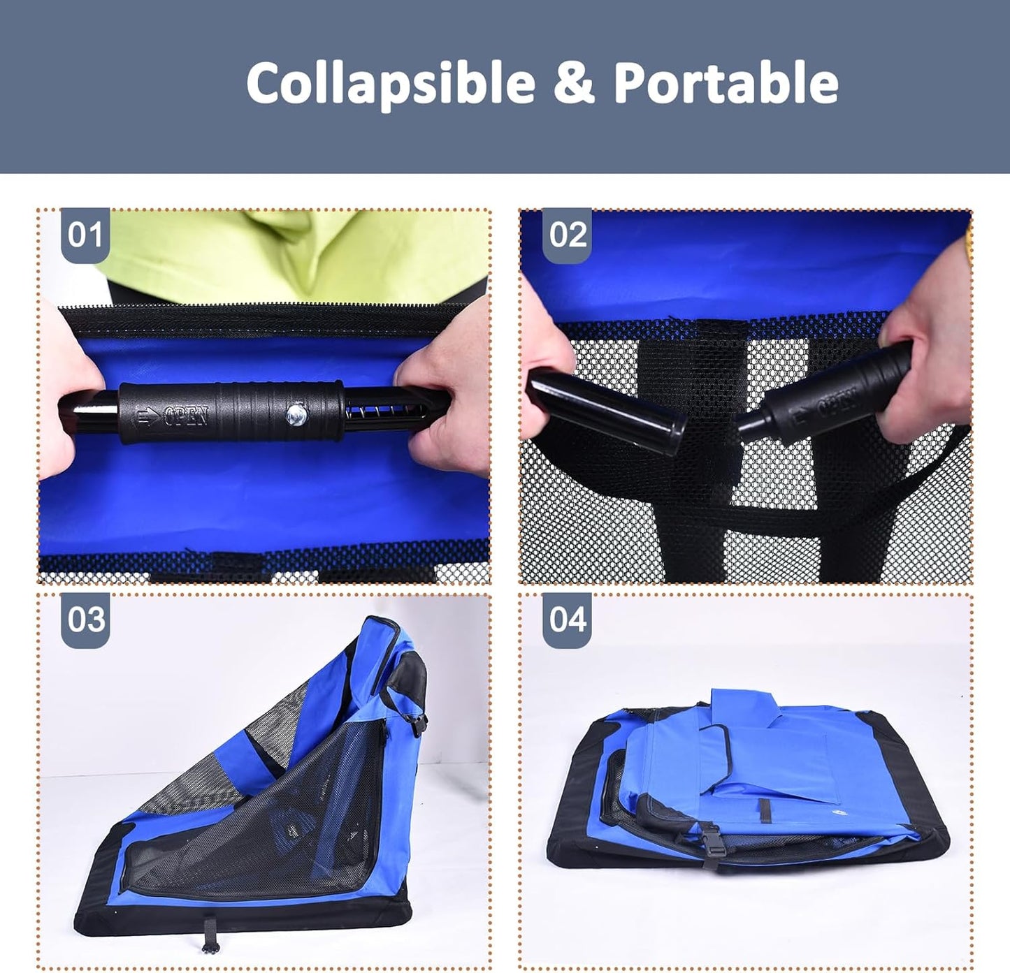 JESPET 36'' Soft Dog Crates Kennel for Pets, 3 Door Soft Sided Folding Travel Pet Carrier with Straps and Fleece Mat for Dogs, Cats, Rabbits, Grey Blue & Beige (36" L x 24" W x 27" H, Blue)