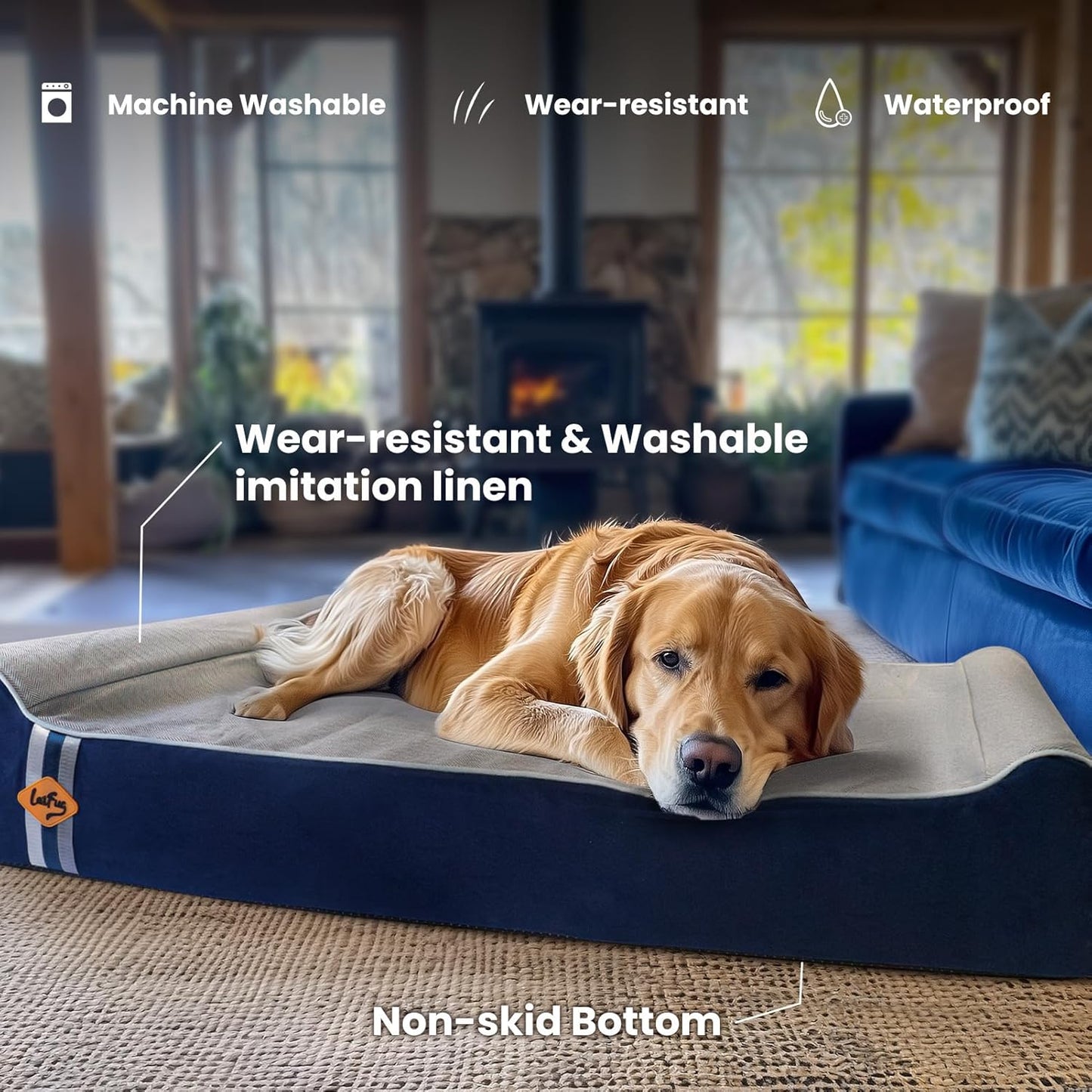 Laifug Orthopedic Memory Foam Extra Large Dog Bed Pillow (50"x36"x10", Gray Blue) Durable Waterproof Lining and Removable Washable Cover and Smart Design