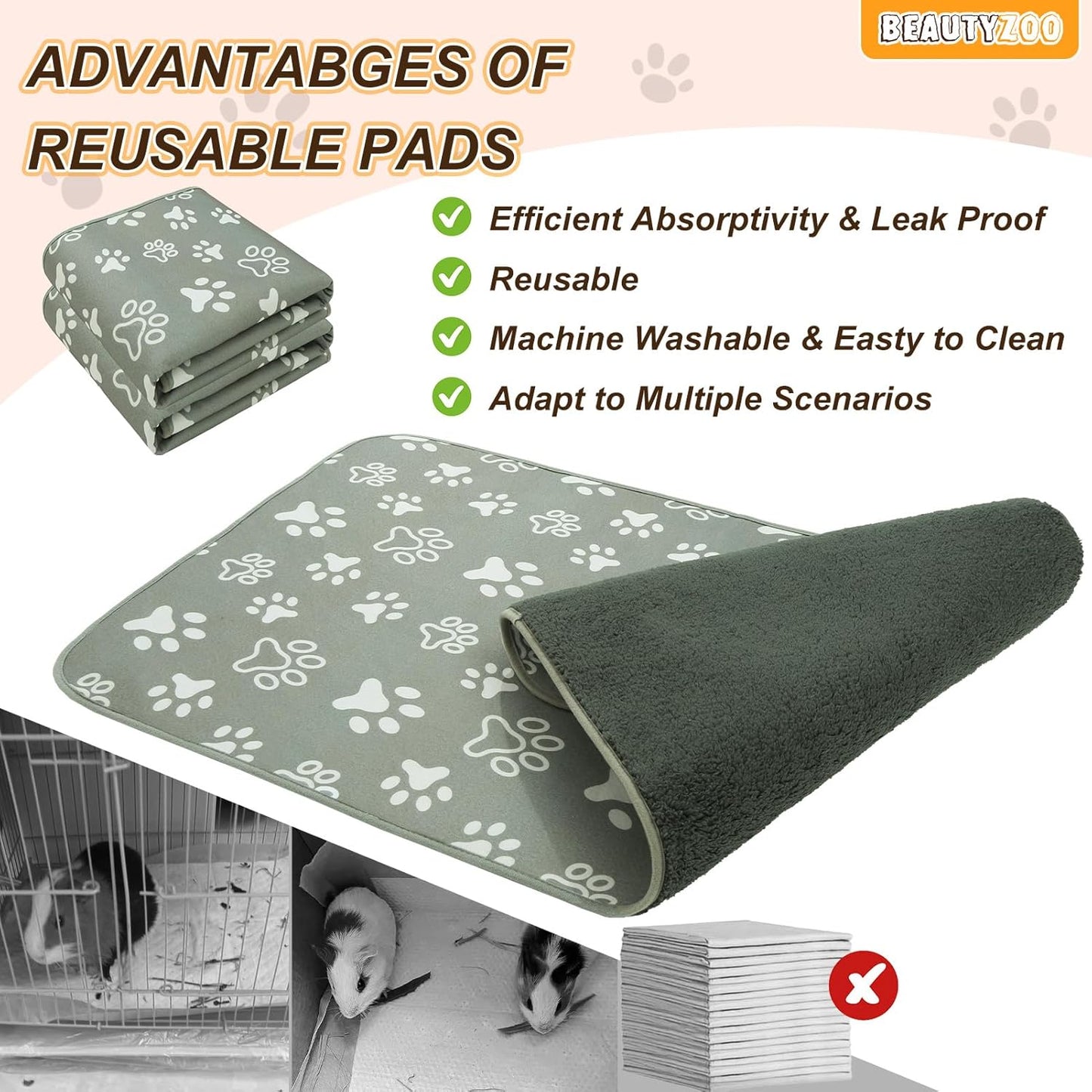 BEAUTYZOO 2 Pack Guinea Pig Cage Liners, Washable Reversible Fleece Guinea Pig Bedding, Waterproof Super Absorbent Pee Pads for Small Animals Rabbit Hamster Bunny - 16"x24" Grey