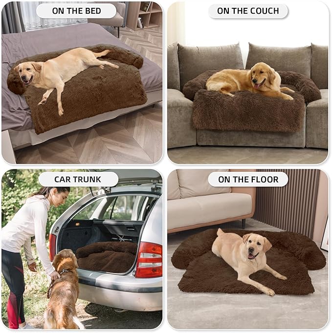 GGIB Calming Dog Bed Fluffy Plush Dog Mat for Furniture Protector with Removable Washable Cover for Large Medium Small Dogs and Cats (Extra Large (53x39.3x6), Coffee)