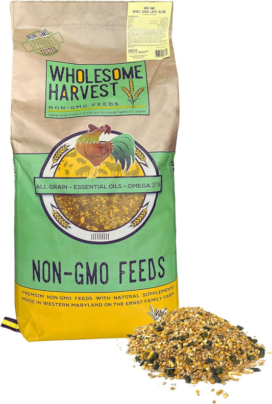Non-GMO Whole Grain Layer Blend 16% - Chicken Feed for Laying Hens and Ducks - Includes Essential Oils, Herbs, Oyster Shells, Vital Minerals, and Omega 3, 40lb