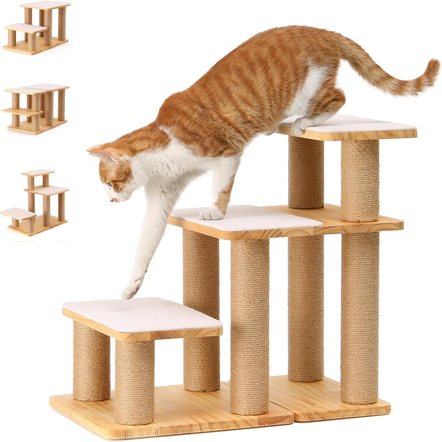 FUKUMARU Dog Stairs, Solid Wood Pet Stairs with Cat Scratching Post, Transformable Cat Ramp Can Hold Up to 200 lbs, 20 Inch Pet Steps for Dogs and Cats to Climb High Bed and Couch, Over 6 Combinations