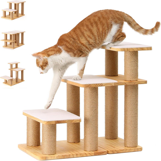 FUKUMARU Dog Stairs, Solid Wood Pet Stairs with Cat Scratching Post, Transformable Cat Ramp Can Hold Up to 200 lbs, 20 Inch Pet Steps for Dogs and Cats to Climb High Bed and Couch, Over 6 Combinations