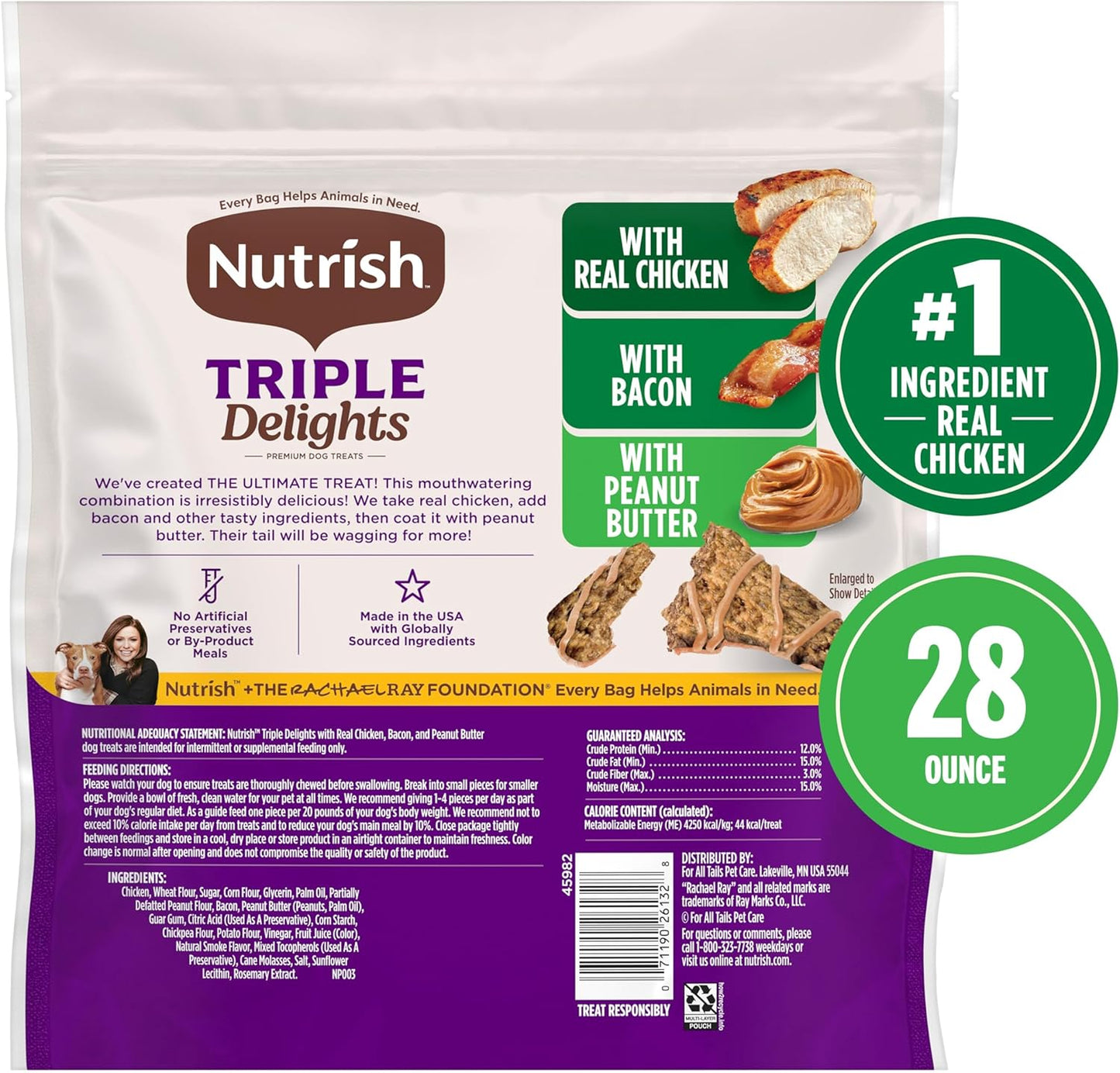 Nutrish Triple Delights Premium Dog Treats for Dogs with Real Chicken, Bacon, and Peanut Butter, 28 oz. Pouch