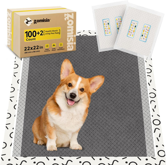 Charcoal Puppy Pee Pads for Dogs, 22"x22" 100 Counts + 2 Extra Health Monitoring Pads - Disposable Dog Potty Training Pads, Odor-Control, Super Absorbent & Leak-Proof