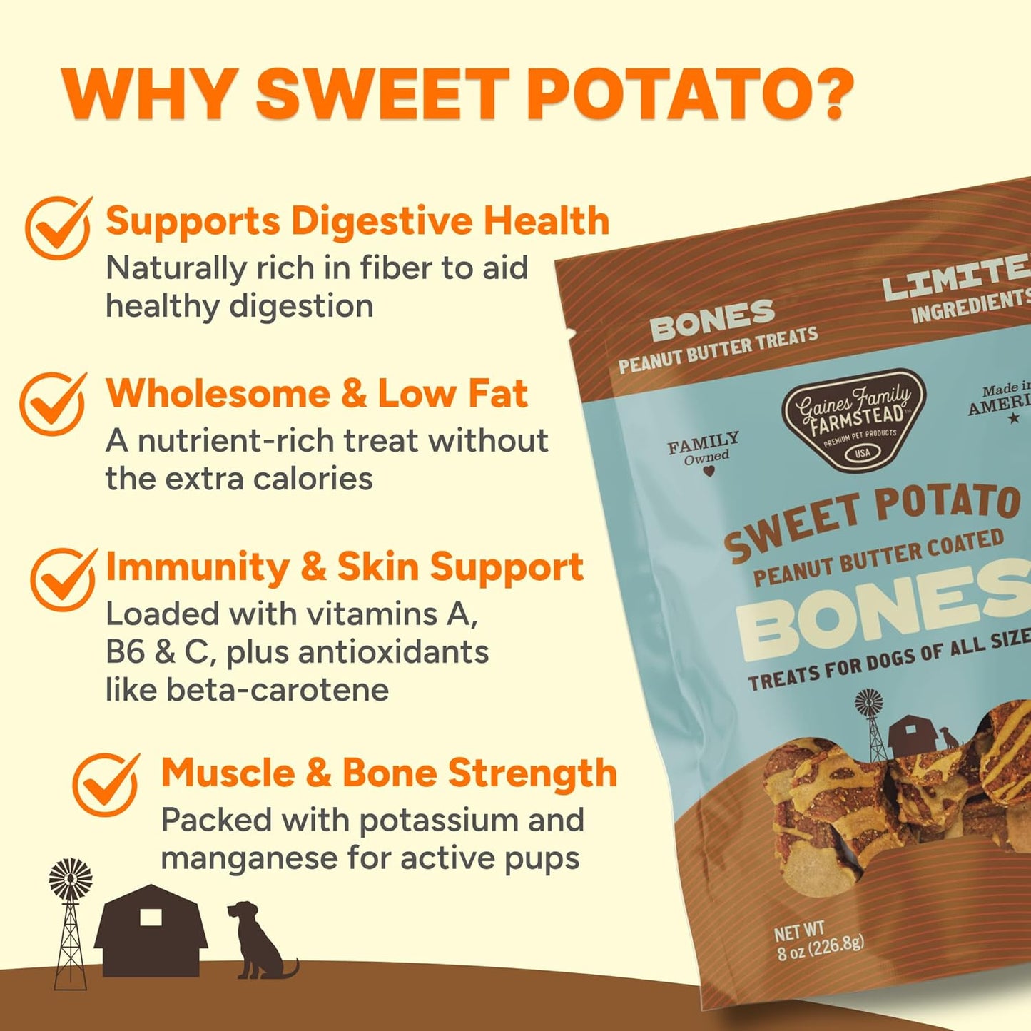 Gaines Family Farmstead Peanut Butter Coated Sweet Potato Dog Bones – 8 oz Bag, Grain-Free, Chewy, Natural Dog Treats for Digestion, Skin, Energy & Immunity – Limited Ingredient, Made in USA