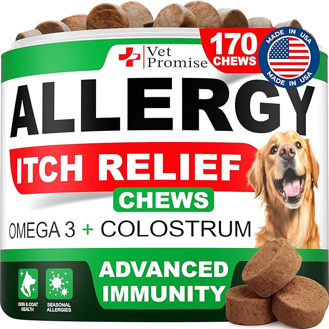 Dog Allergy Relief Chews - 170 Dog Allergy Chews - Itch Relief for Dogs - Anti Itch for Dogs - Dry & Itchy Skin - Allergies & Immune Support Supplement, Omega 3 Fish Oil, Colostrum - Made in USA