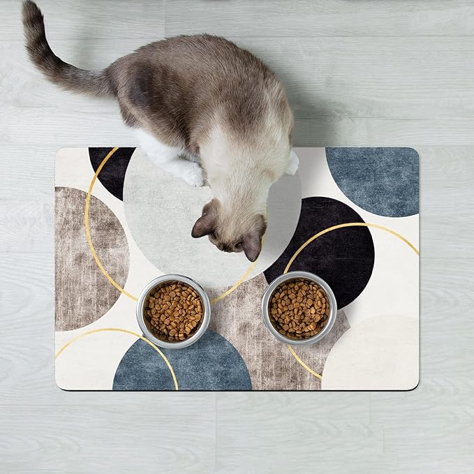 Rnivvi Dog Food Mat, 12" x 19" Boho Absorbent Dog Cat Bowl Mat for Food and Water, Cute Anti-Slip Rubber Pet Feeding Rug Protect Floors, Puppy Placemat for Feeding & Watering Supplies, Abstract Circle