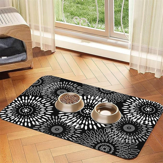 Quick-Dry Absorbent Dog Food Mat 12x18 Inch Retro Modern Geometric Aesthetic Non-Slip Pet Cat Feeding Mat with Waterproof Backing Training Mat for Pets（Black）