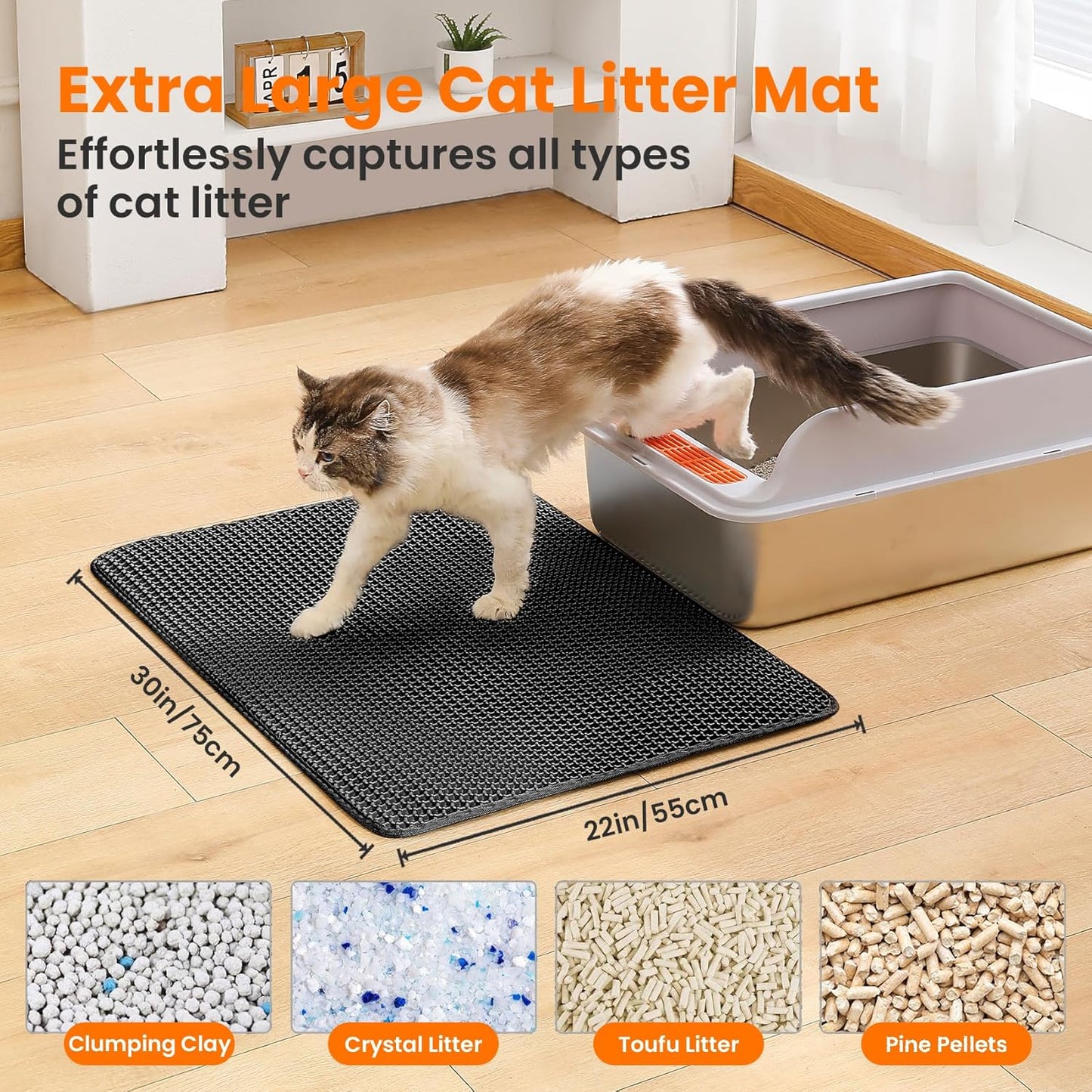 Extra Large Cat Litter Mat, 30x22 Inches Honeycomb Double Layer Cat Litter Trapping Mat, Non Slip Waterproof Urine Proof Large Kitty Litter Box Mat for Floor, Kitten Supplies, XL, Black