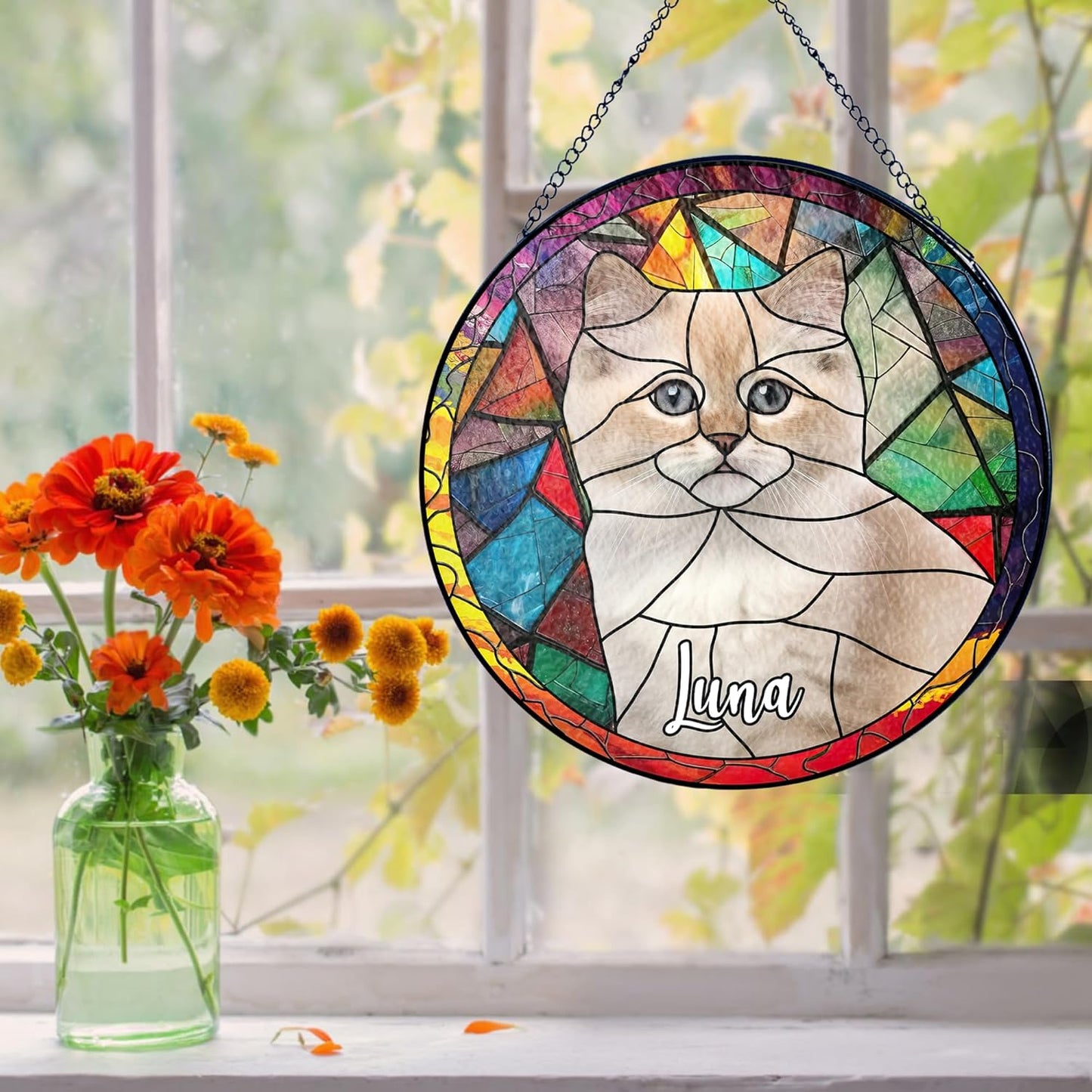 Lovely POD Personalized Cat Stained Glass Suncatcher, Memorial Keepsake Remembrance Gift for Fur Lovers, Custom Name Pet Photo Ornament Window Hanging, Home Decor, Sympathy Gift for Loss of Cat