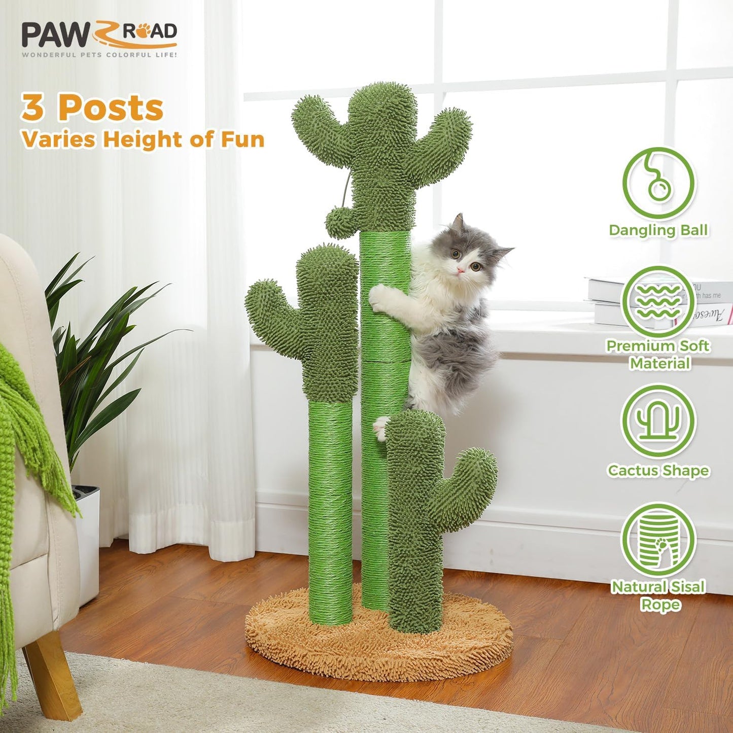 PAWZ Road Cat Scratching Post Cactus Cat Scratcher Featuring with 3 Scratching Poles and Interactive Dangling Ball - 35 Inches