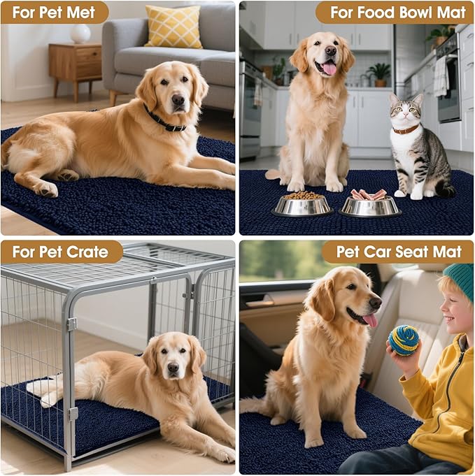 Dog Door Mats for Muddy Paws, Chenille Absorbent Door Mats, Non Slip Heavy Mud Mat for Dogs, Soft Indoor Door Mat for Entryway, Mud Paws, Inside Floor,30" X 20", Navy Blue