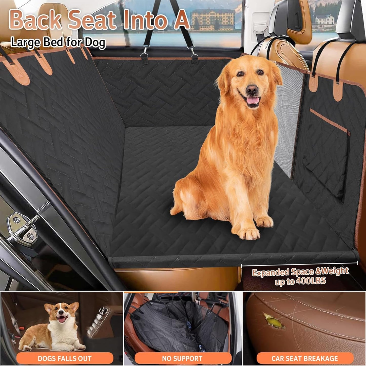 Dog Car Seat Cover for Back Seat,100% Waterproof & Scratchproof Back Seat Pet Cover for Dogs,5MM PP Board Hard Bottom Dog Bed for Car,Supports 400lbs Back Seat Extender for Dogs for Car/SUV