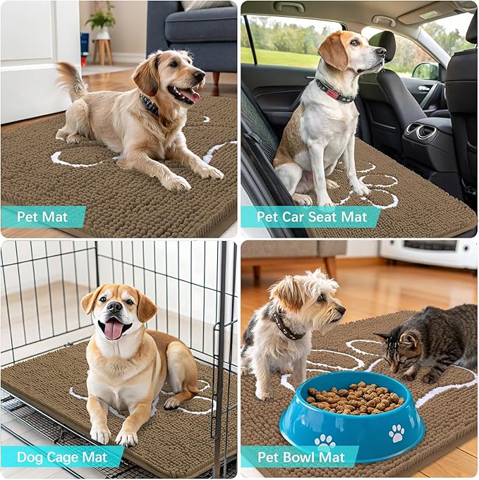 OLANLY Door Mat for Muddy Dog Paws 59x35, Ultra Absorbent Chenille Mud Doormat with Paw Print Design, Non-Slip Washable Doormat for Indoor Entryway, Quick-Dry Pet Bed Mats for Dirty Dogs, Tan