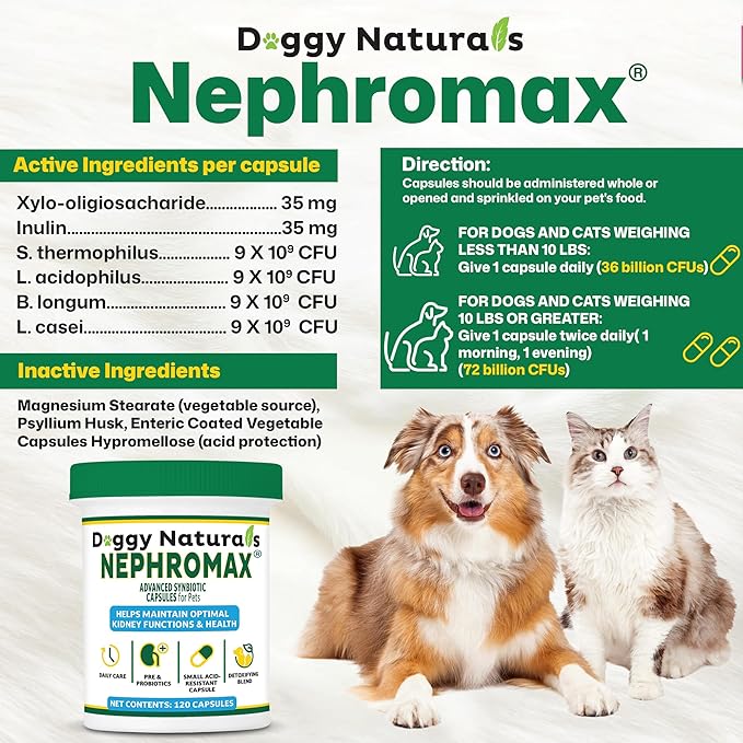 NEPHROMAX™ Synbiotic Capsules for Kidney Support for Dogs & Cats (120 Small Capsules) - Advanced Next-Generation Enteric detoxifying Proprietary Blend of Pre & Probiotics for Kidney Function,U.S.A