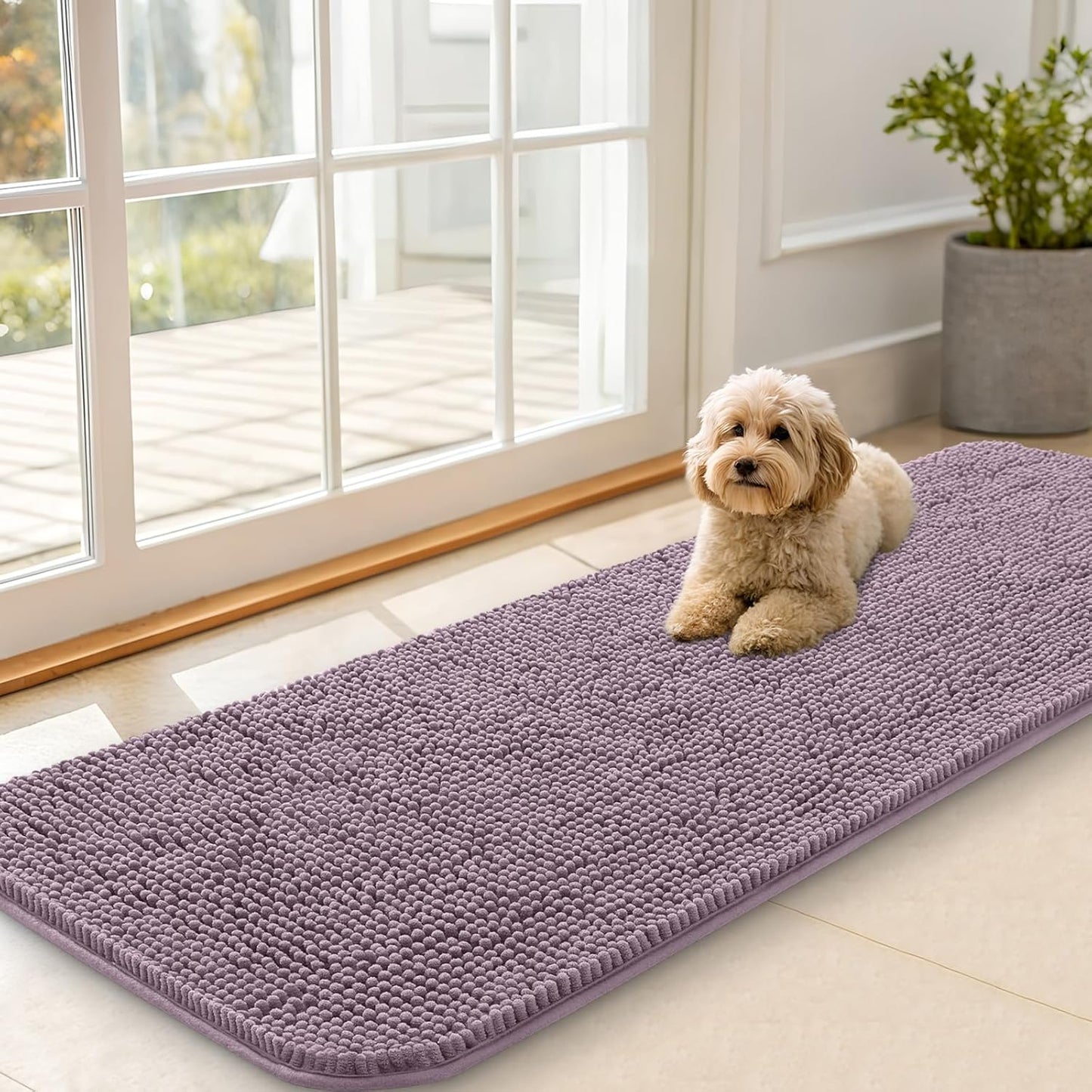 OLANLY Dog Door Mat for Muddy Paws 59x20, Absorbs Moisture and Dirt, Absorbent Non-Slip Washable Doormat, Quick Dry Chenille Mud Mat for Dogs, Entry Indoor Entryway Carpet for Inside Floor, Deep Plum