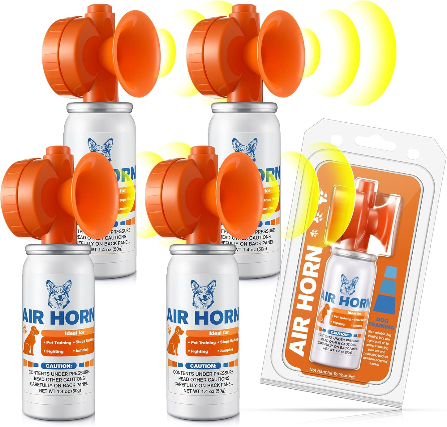 Air Horn, 1.4 oz 120 dB Loud Pet Trainer to Stop Dog Attacking Barking Fighting Jumping, Coyotes Air Horn for Safety, Protect Yourself & Pet While Walking, Orange(4 Pack)