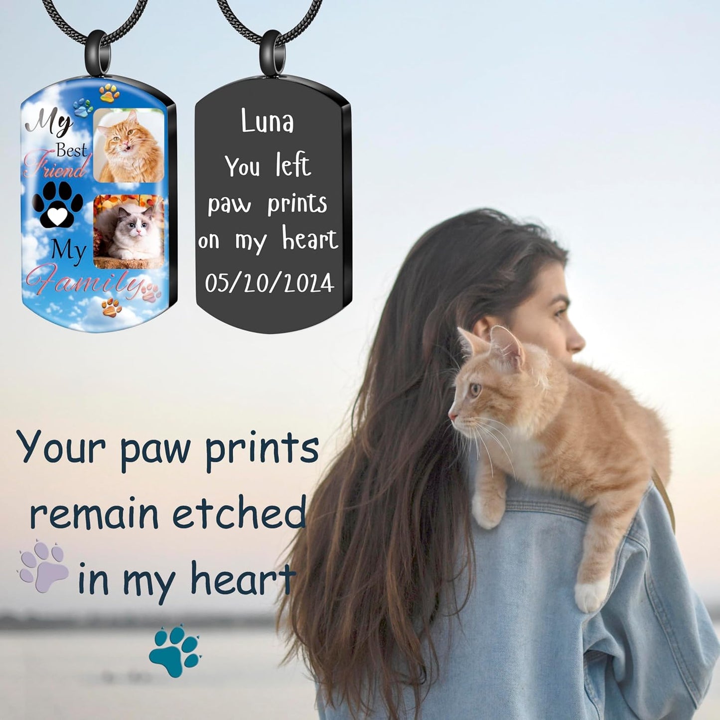 Fanery Sue Personalized Pet Ashes Necklace for Dog Cat Custom Photo&Text Pet Loss Sympathy Gift Cremation Jewelry