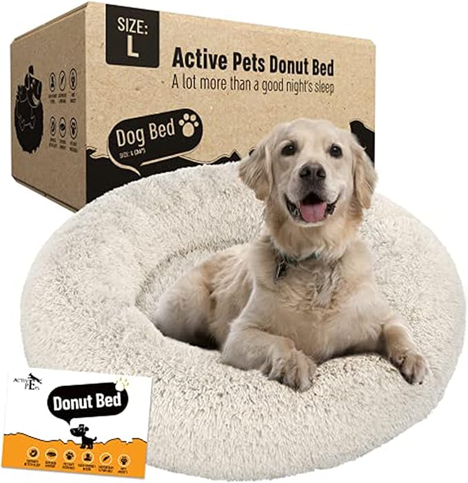Active Pets Calming Plush Dog Bed Donut Joint Support Anxiety Relief Washable Pet Bed with Removable Cover for Dogs Cats, Large 36", Beige