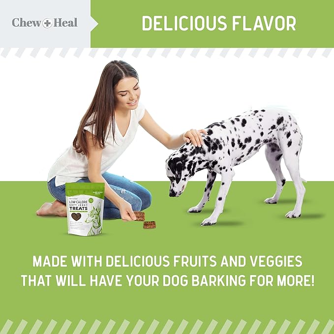 Chew + Heal Labs Low Calorie Dog Jerky Treats - 5 oz of Vegan Plant Based Natural Dog Treats with Chia Seeds, Fruits, and Vegetables - Good for Weight Management - Made in The USA