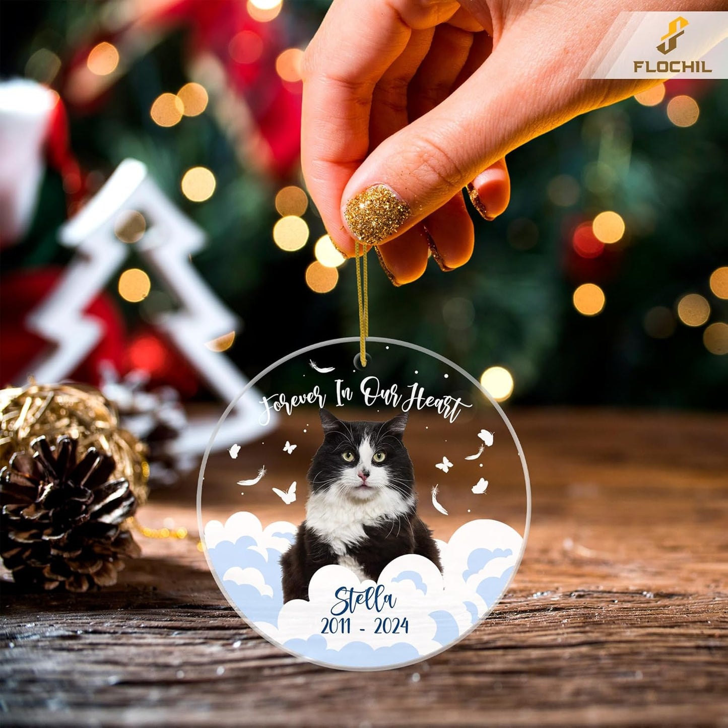 FLOCHIL Personalized Memorial Cat Christmas Ornament, Custom Cat Memorial Ornament with Name Photo, Pet Memorial Ornament, Gift for Pet Lovers