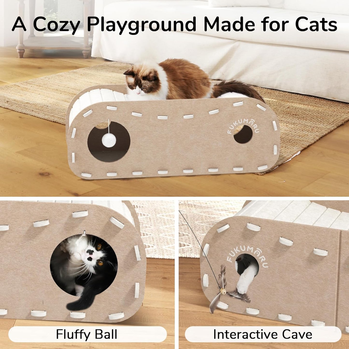 FUKUMARU Cat Beds for Indoor Pets, 31.5 Inches Extra-Large Cat Cave for Multi-Pet, Cozy House with Fluffy Ball Hanging, Scratch Resistant Felt Kitten Hideaway Bed, Feline Tunnel, Beige