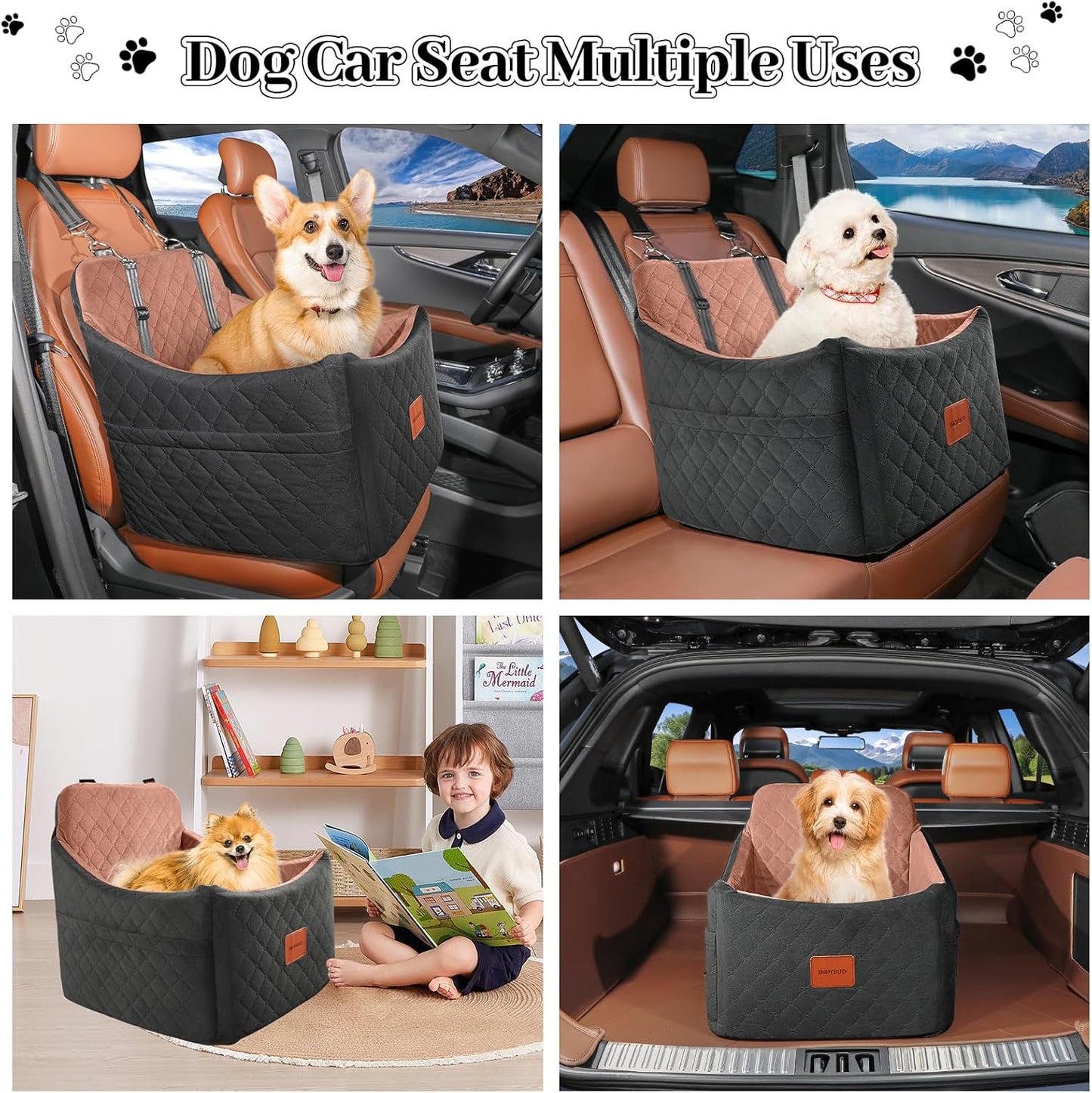 Dog Car Seat for Small/Medium Dogs, Memory Foam Dog Booster Seat, Travel Safety Pet Car Seat with Washable Removable Cover, Storage Pockets for Dogs up to 35 lbs((Black/Brown, Medium)