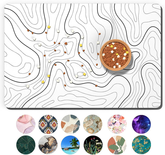 Dog Food Mat, 16" x 24" Absorbent Dog Cat Bowl Mat for Food and Water, Cute Anti-Slip Rubber Pet Feeding Rug Protect Floors, Placemat for Feeding & Watering Supplies, White Line Art