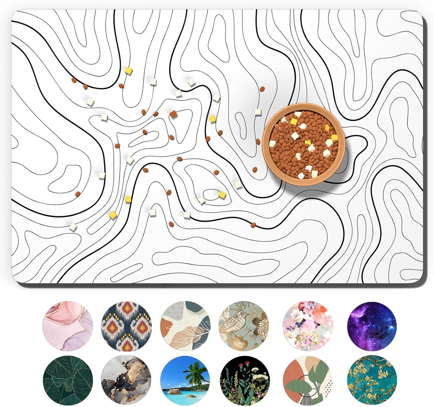 Dog Food Mat, 12" x 19" Absorbent Dog Cat Bowl Mat for Food and Water, Cute Anti-Slip Rubber Pet Feeding Rug Protect Floors, Placemat for Feeding & Watering Supplies, White Line Art