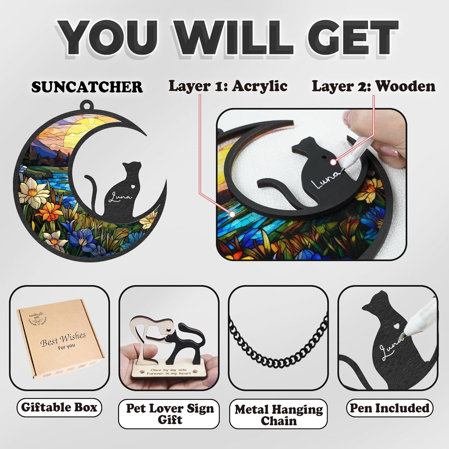 6'' DIY Cat on Moon Memorial Suncatcher, Personalized Name Cat Sympathy Ornament Window Hanging, Ideas Gift for Loss of Pet Passing Away, Remembrance Keepsake for Pet Lovers SCC-B11-6-03