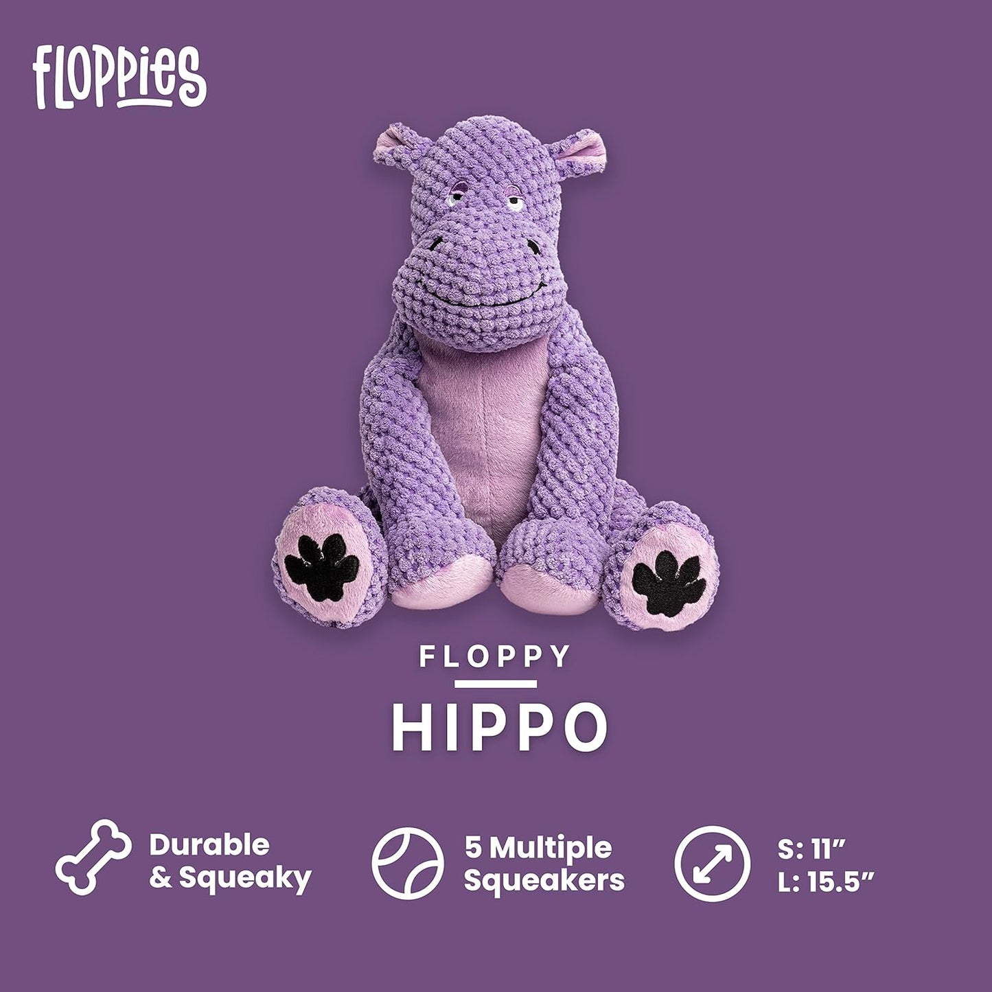 fabdog Floppies Plush Dog Toy - Cute & Durable Squeaky Dog Toys - Best Squeak Toy for Puppies and All Breeds | Ideal Pet Gift| Large Hippo