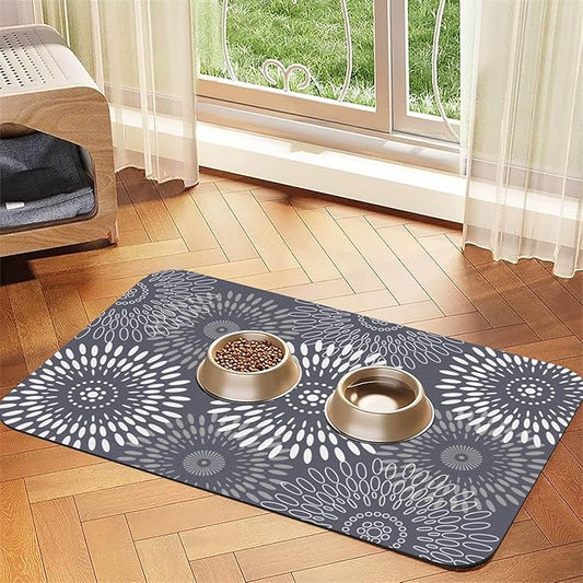 Quick-Dry Absorbent Dog Food Mat 12x18 Inch Retro Modern Geometric Aesthetic Non-Slip Pet Cat Feeding Mat with Waterproof Backing Training Mat for Pets（Gray）