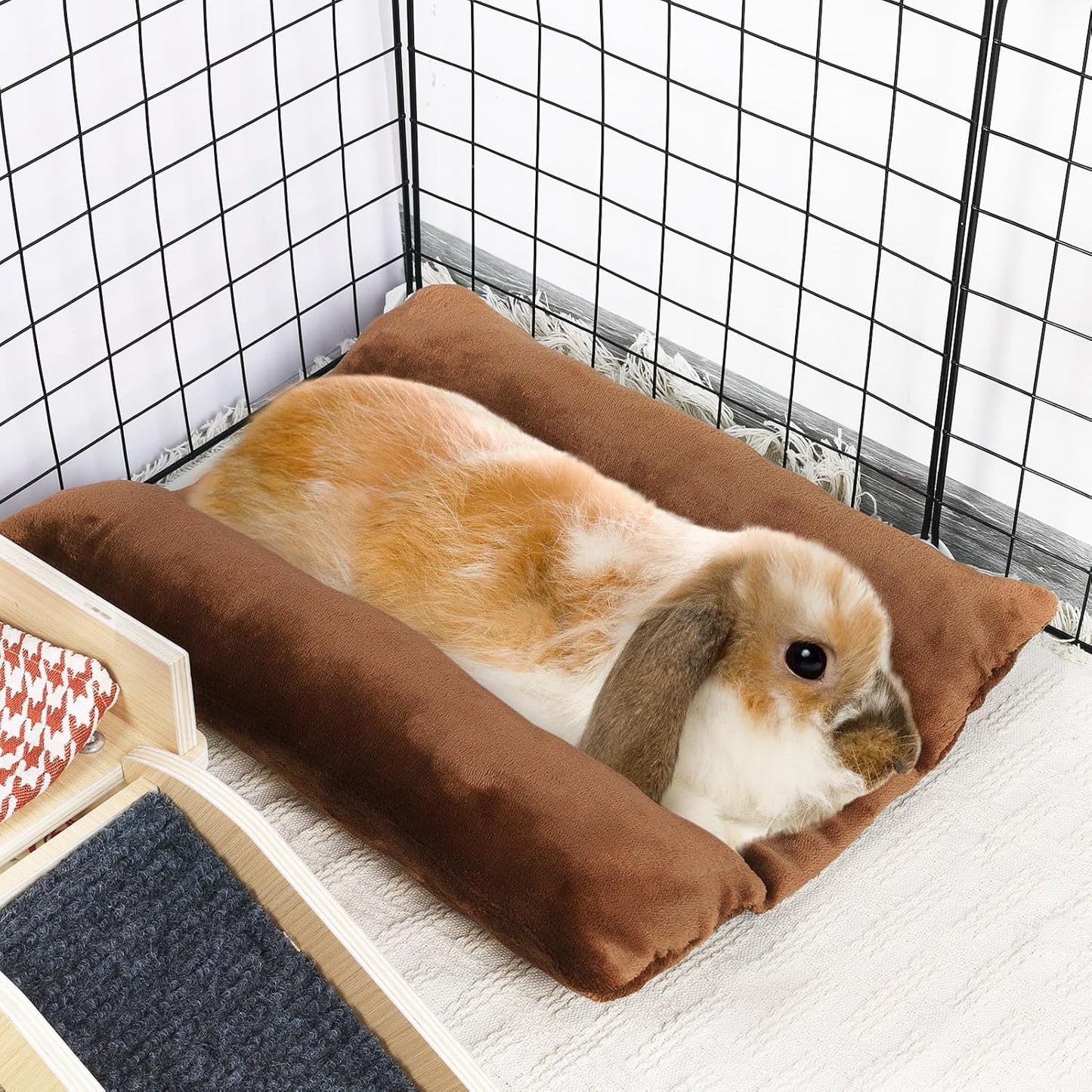 MEWTOGO 15.7 x 14In Rabbit Bed, Thickened Soft Bunny Bed, Cuddle Cushion Plush Mat with Cotton Lounger Pillows, Small Pet Flop Mat for Cage Sleeping Indoor Bunny Gifts, Brown